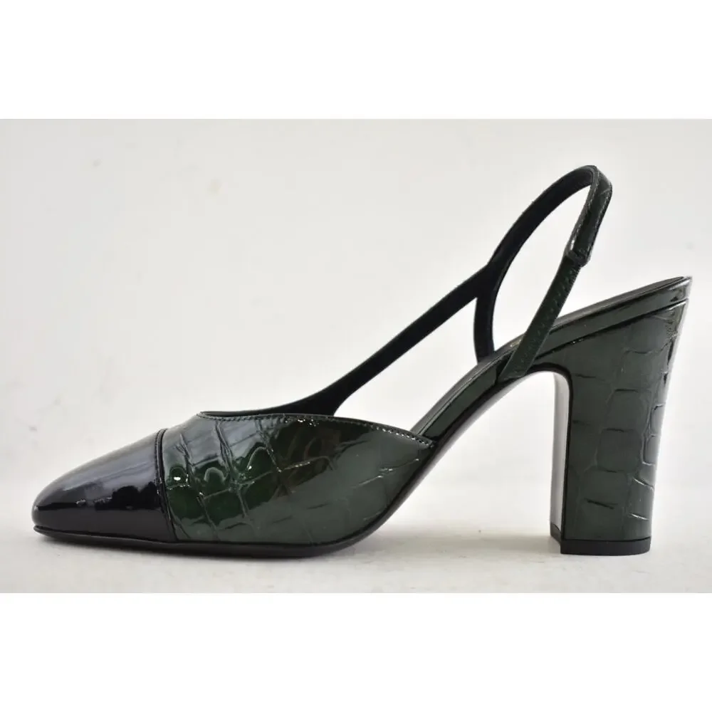 Chanel 26A Green Black Crocodile Croc Coco Sling Slingback Block Heel Pump 39.5c